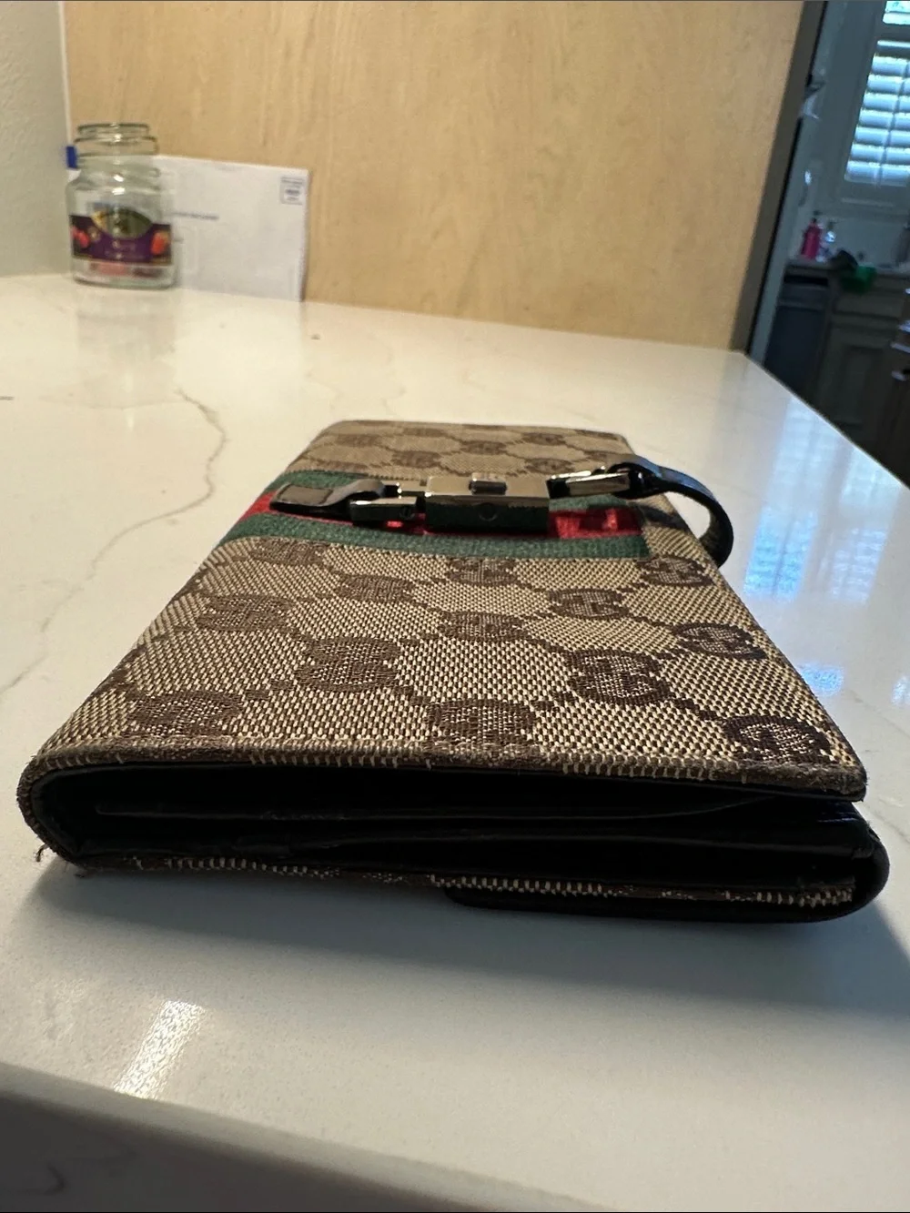 Gucci Brown Monogram Continental Wallet with Green and Red Web Stripe
